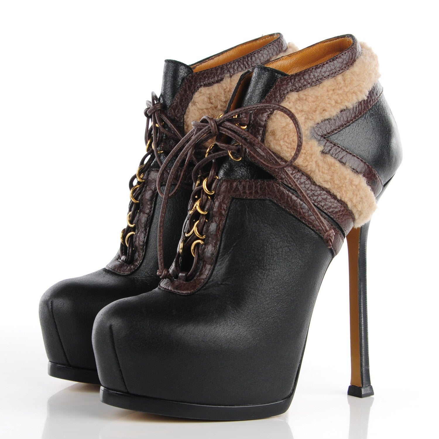 Saint Laurent Leather Shearling Tribtoo 140 Platform Boots 36.5 Black Chocolate 3 of 8