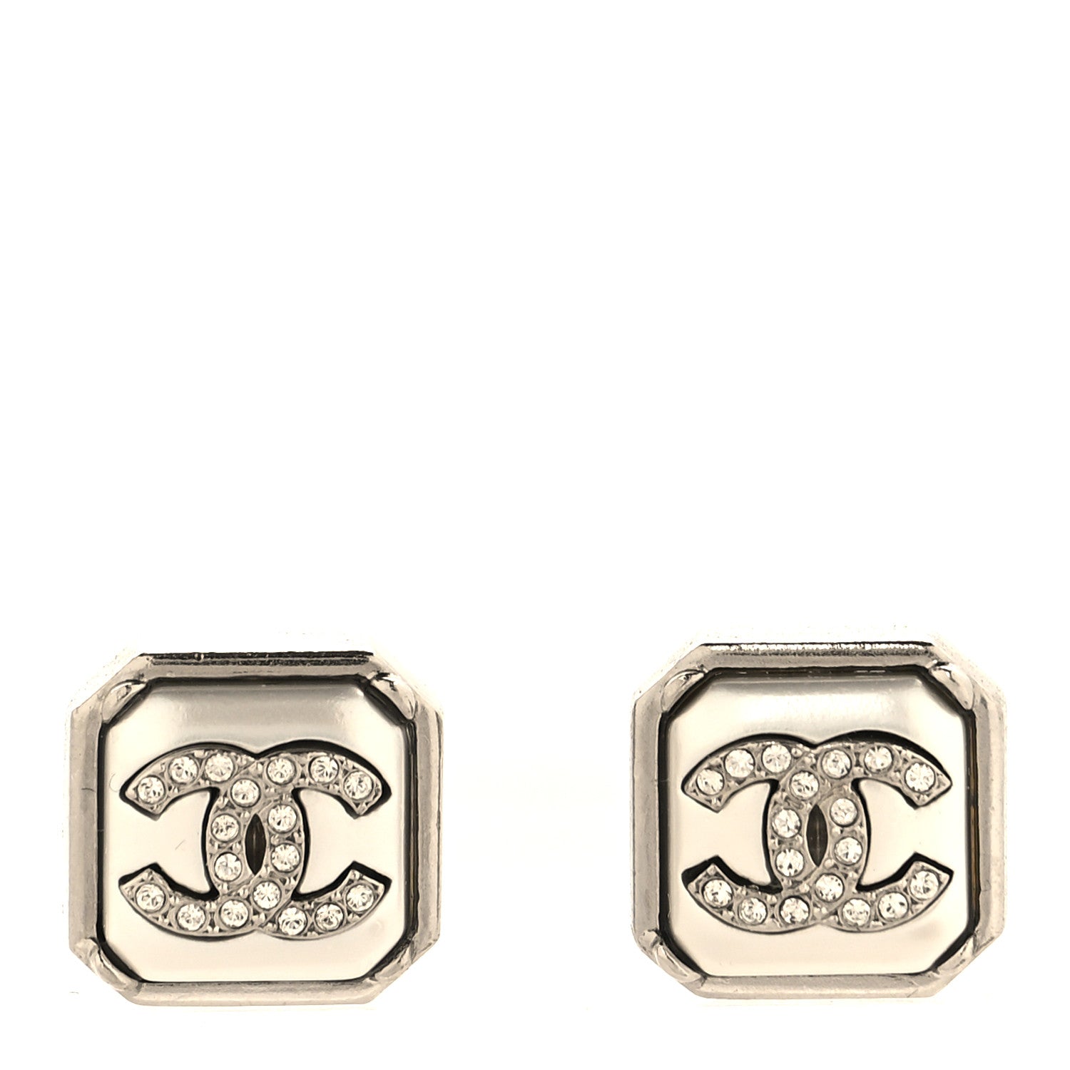 Chanel Pearl Crystal CC Square Earrings Silver 1 of 4