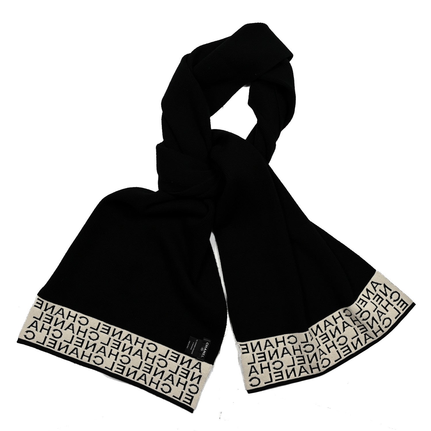 Chanel Cashmere Logo Scarf Black White 2 of 4