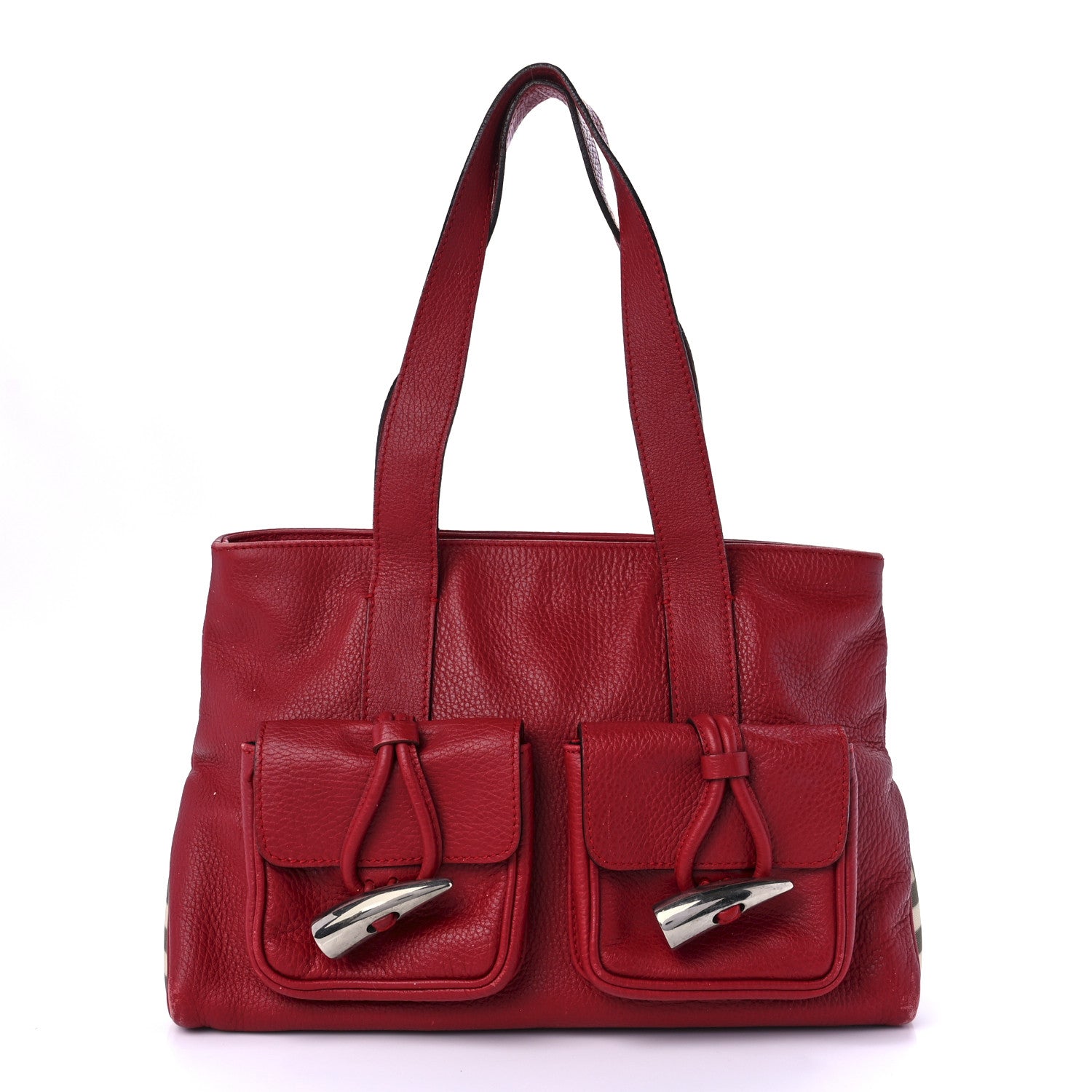 Burberry Grainy Calfskin House Check Horn Toggle Tote Red 1 of 9