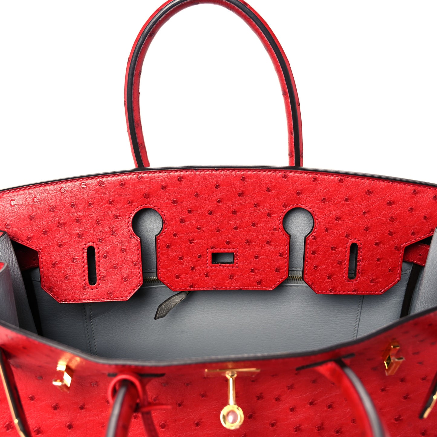 Ostrich Horseshoe Birkin 30 Rouge Vif Bleu Glacier
