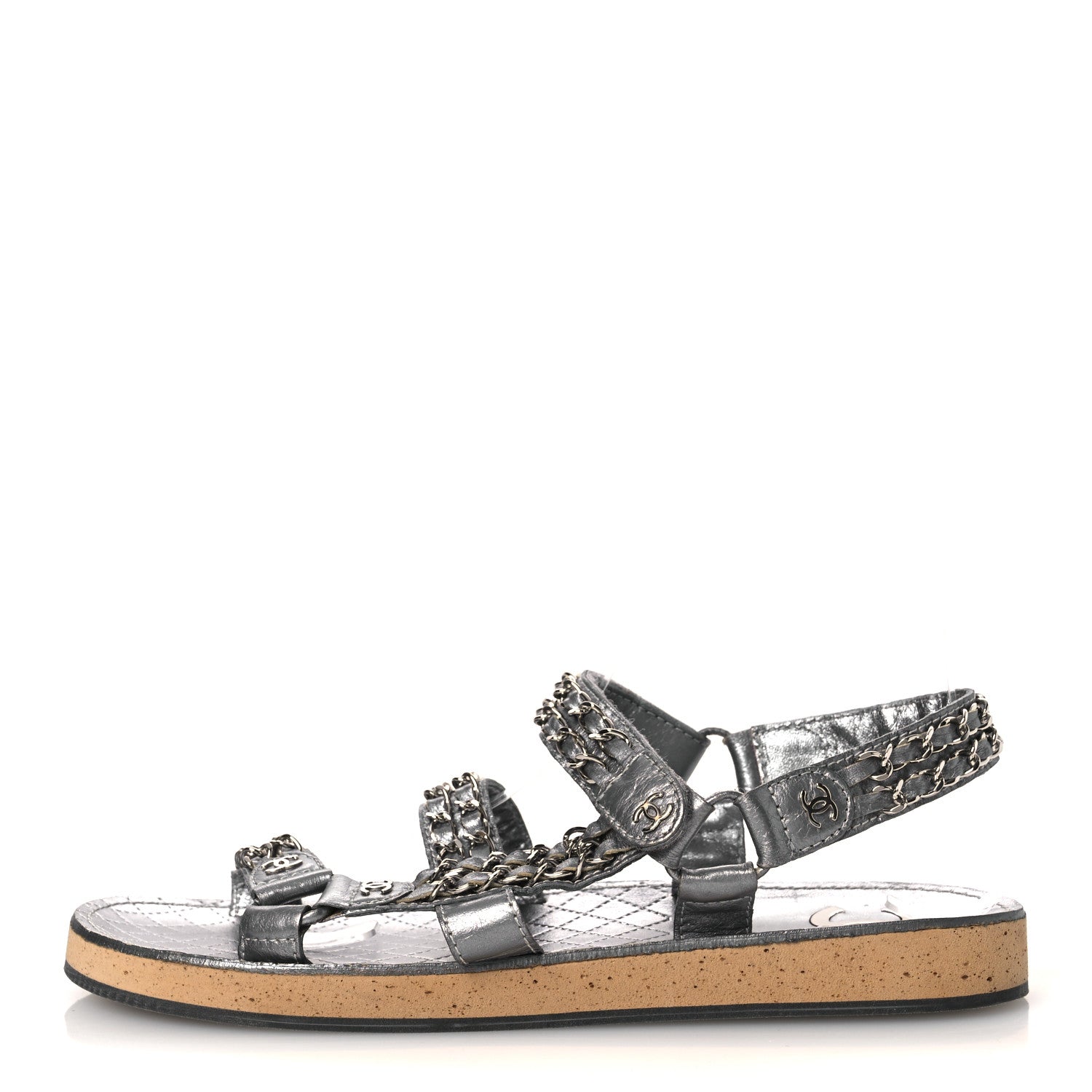 Chanel Metallic Laminated Goatskin Chain Flat Sandals 39 Dark Silver 1 of 12