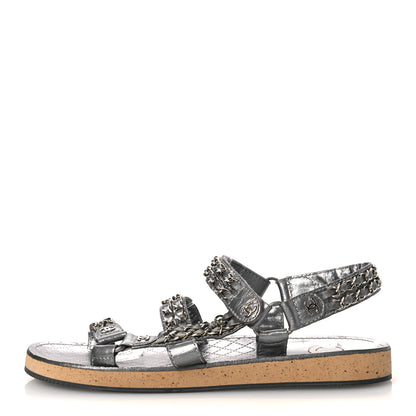 Chanel Metallic Laminated Goatskin Chain Flat Sandals 39 Dark Silver 1 of 12