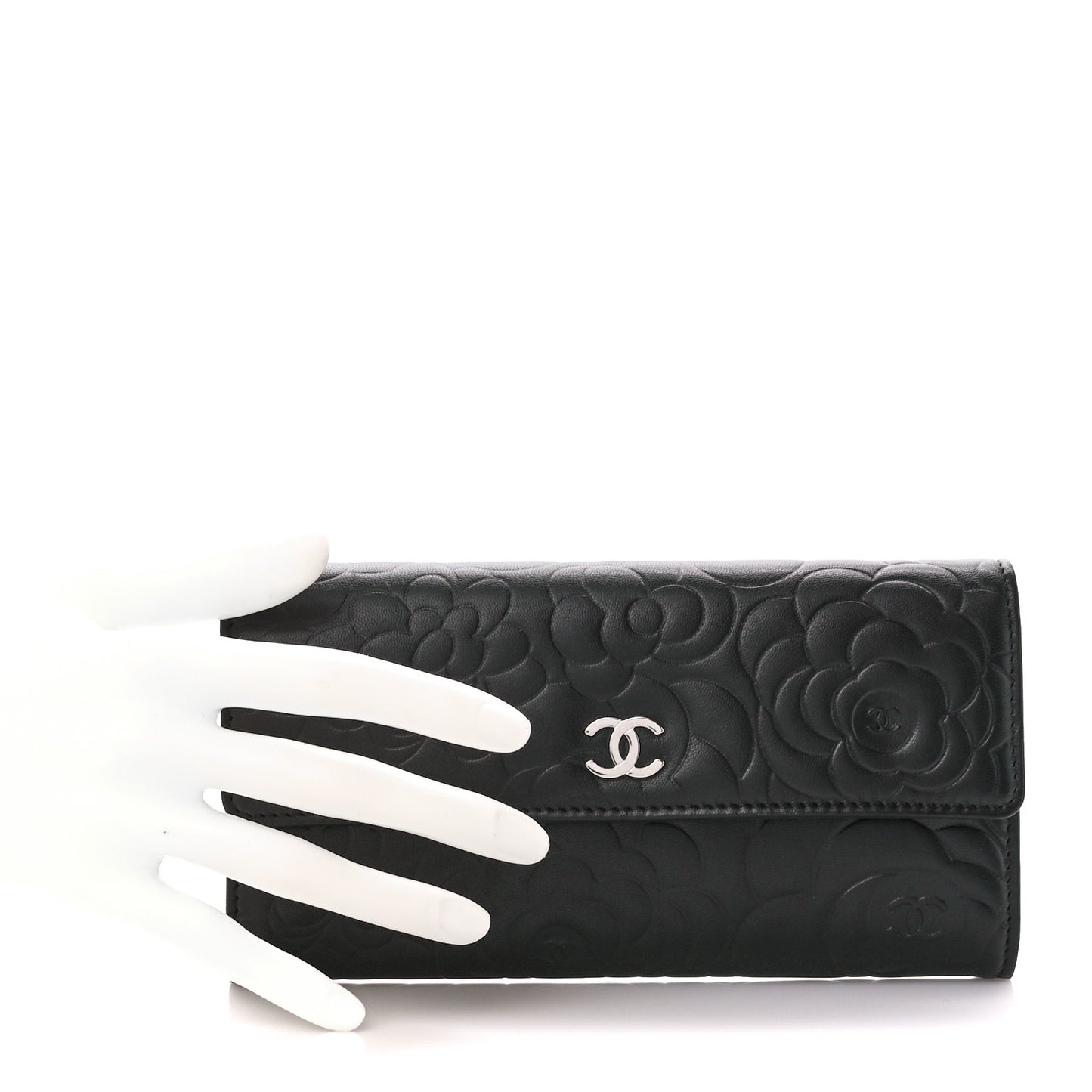 Lambskin Camellia Embossed Large Flap Wallet Black