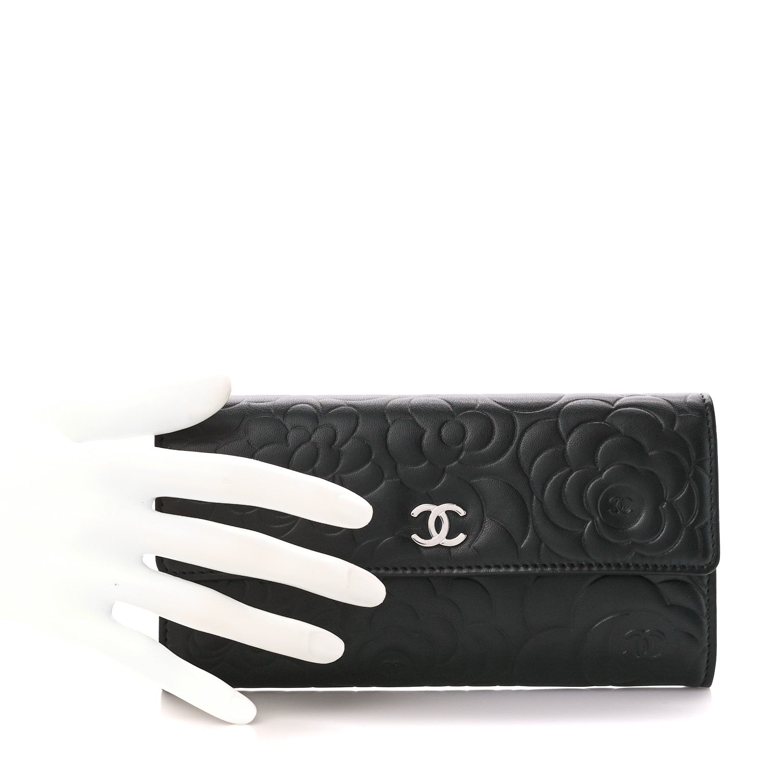 Chanel Lambskin Camellia Embossed Large Flap Wallet Black 2 of 13
