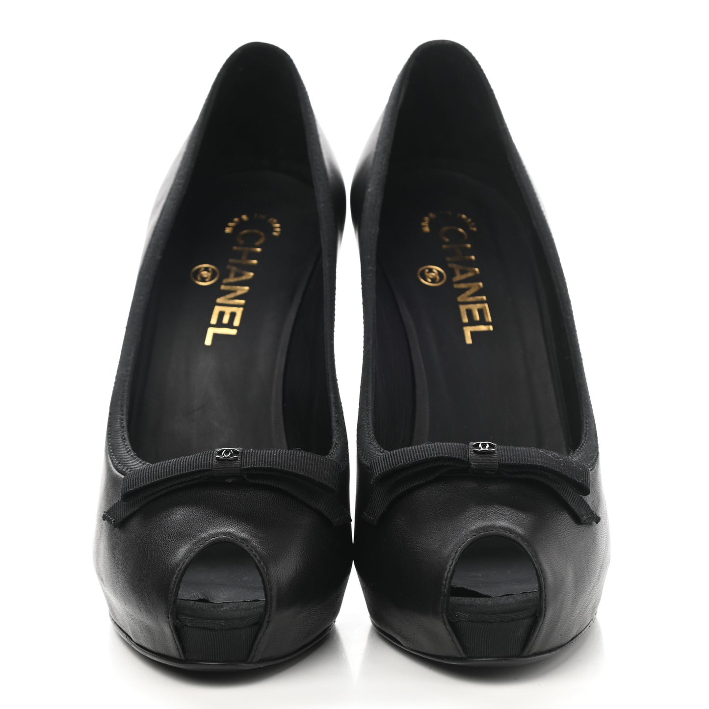 Lambskin Grosgrain CC Bow Peep Toe Pumps 38 Black