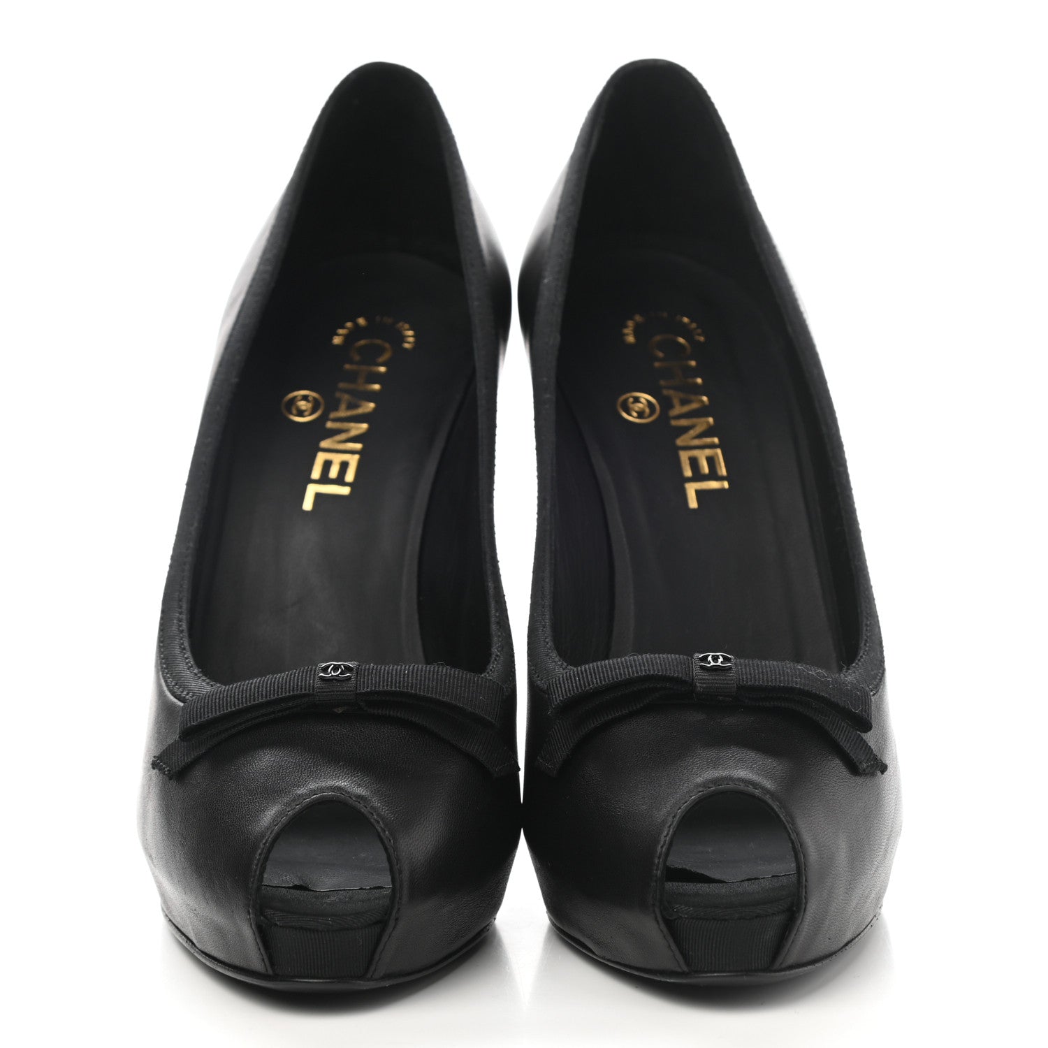 Chanel Lambskin Grosgrain CC Bow Peep Toe Pumps 38 Black 2 of 9