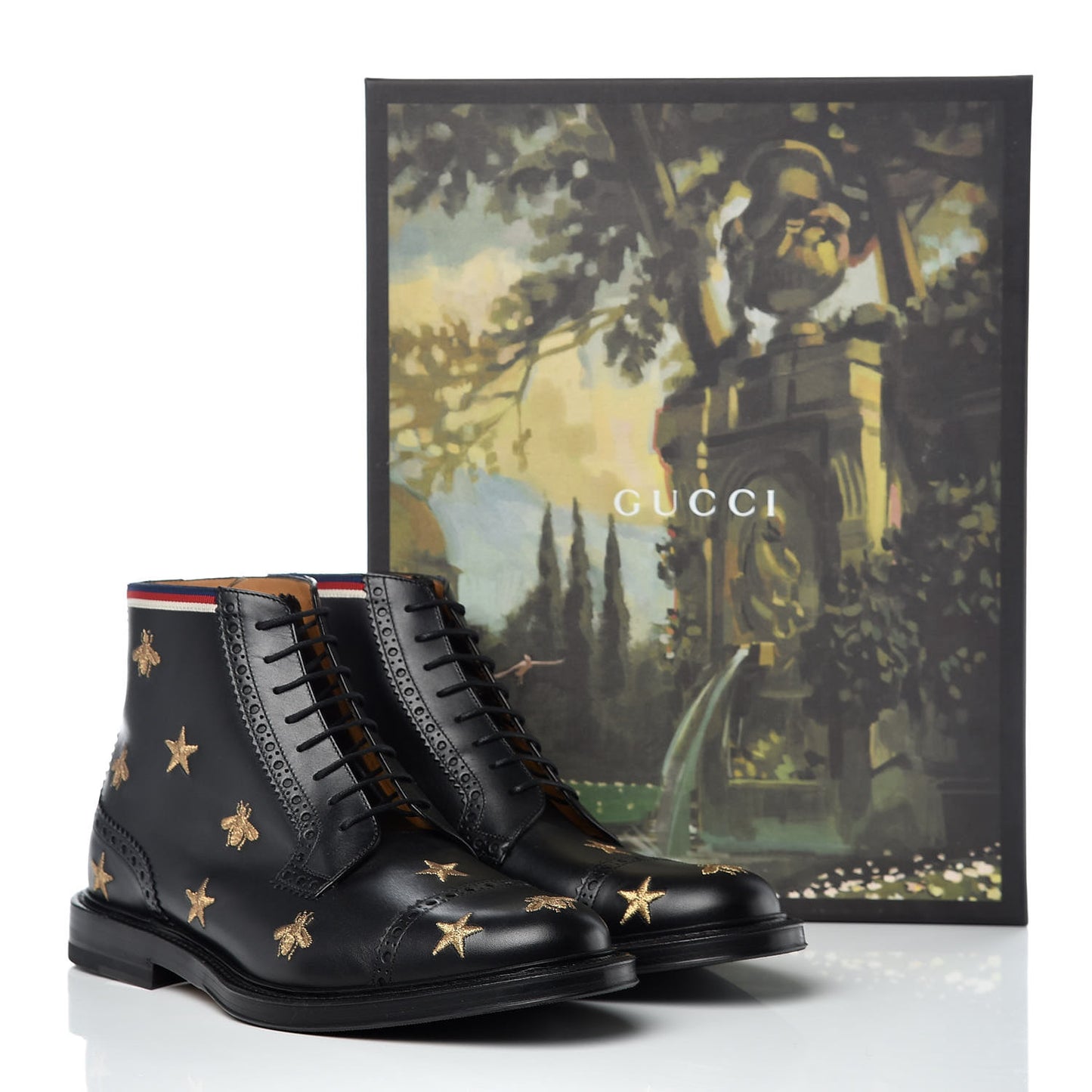 Calfskin Sylvie Web Bee Star Embroidered Mens Brogue Captoe Boots 7.5 Black