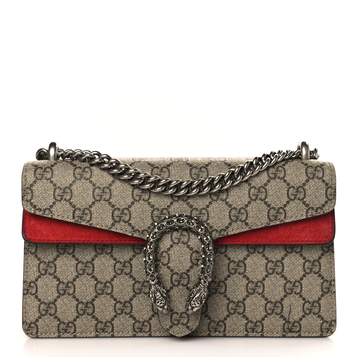 Gucci GG Supreme Monogram Suede Crystal Small Dionysus Shoulder Bag Beige Ebony Vulcanic Red 1 of 9