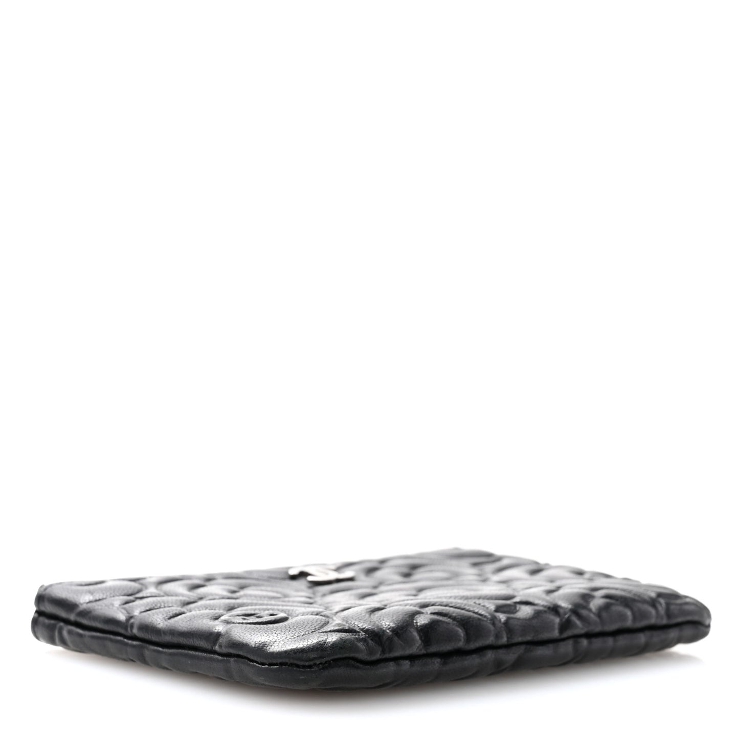 Goatskin Camellia Embossed Cosmetic Pouch Black