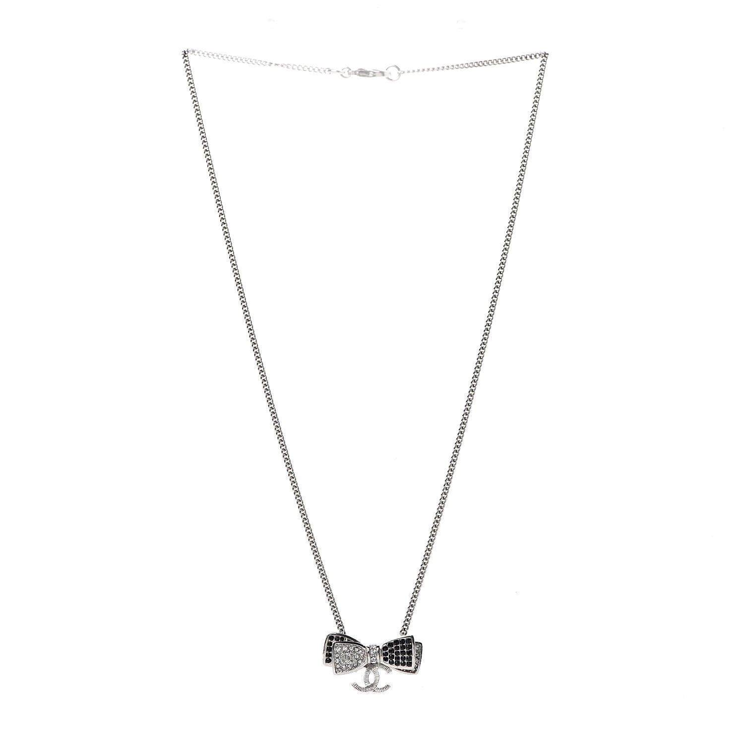 Chanel Crystal CC Bow Necklace Silver Black 3 of 5