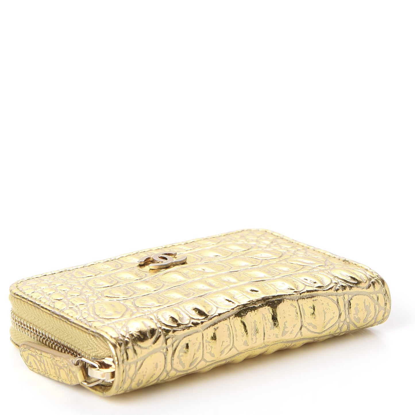 Metallic Calfskin Crocodile Embossed Cocodile Zip Coin Case Gold