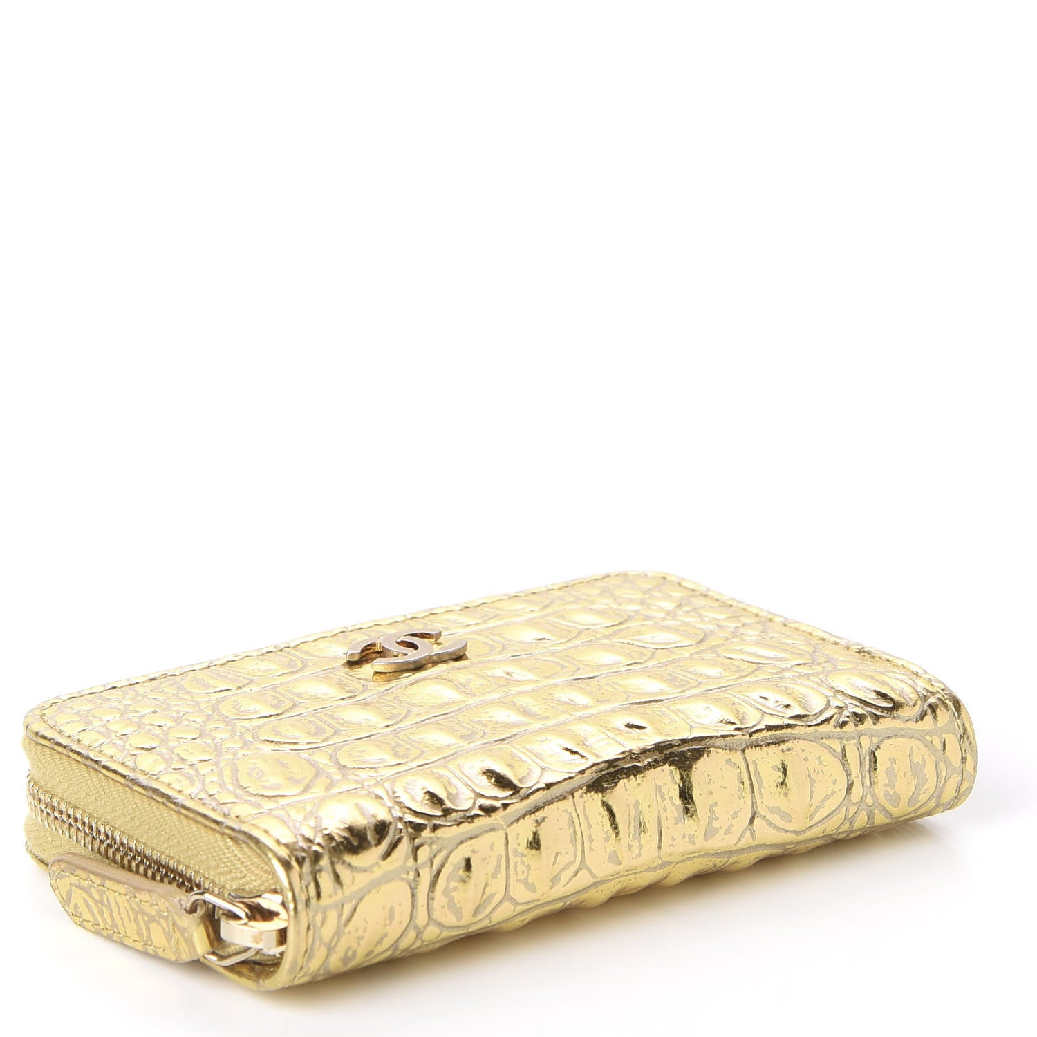 Chanel Metallic Calfskin Crocodile Embossed Cocodile Zip Coin Case Gold 3 of 10