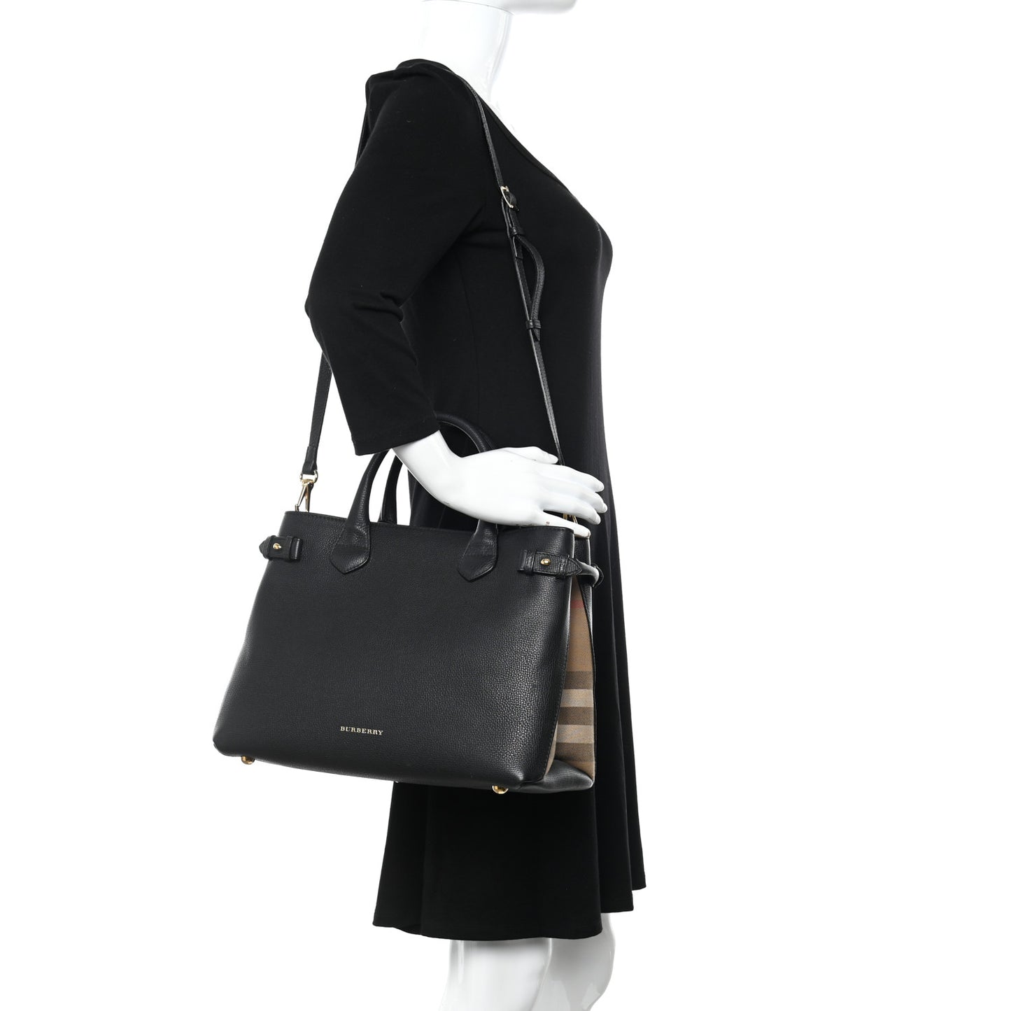 Grainy Calfskin House Check Medium Banner Tote Black