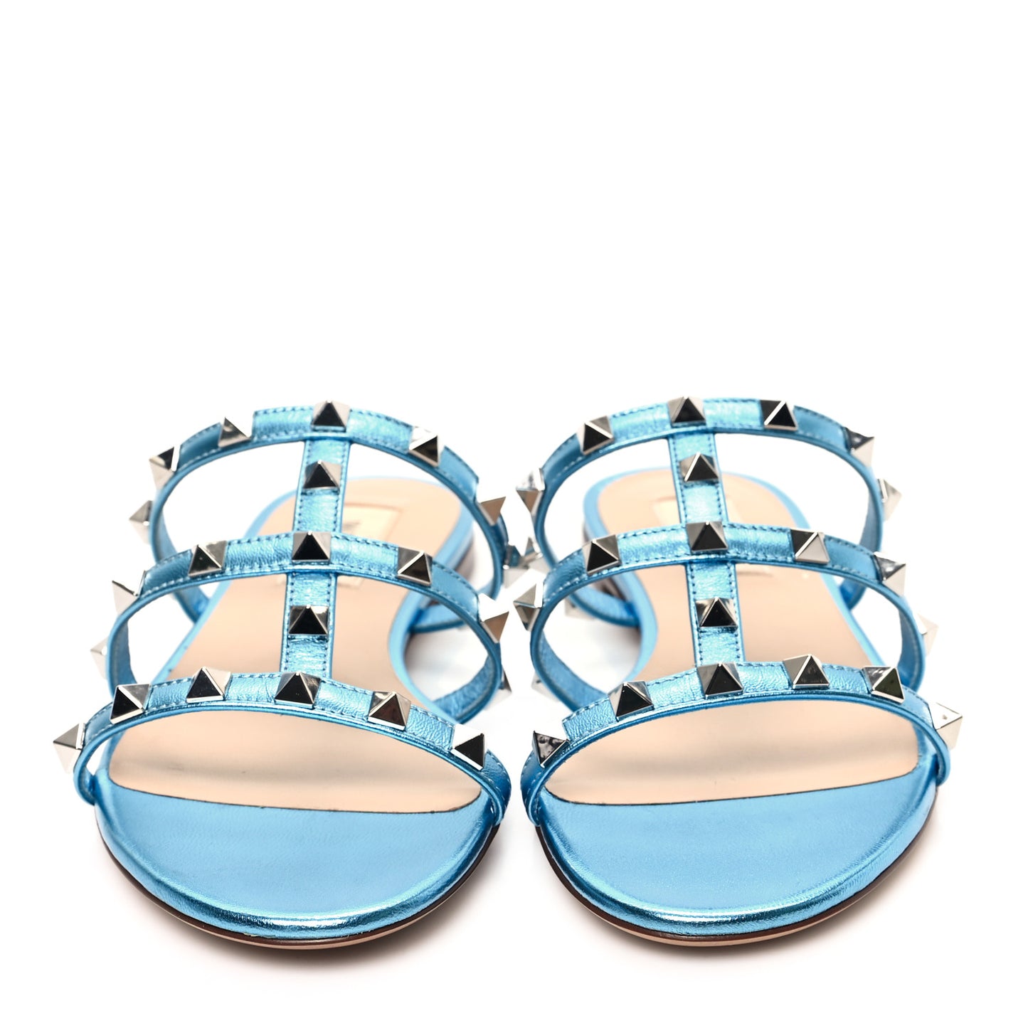 Metallic Nappa Rockstud Caged Flat Slide Sandals 36 Cerulean