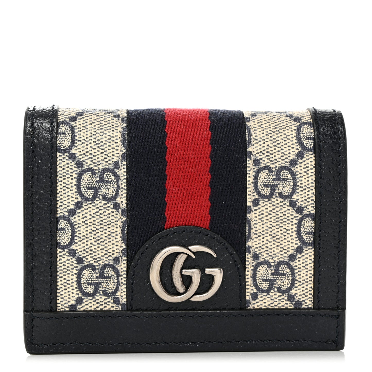 GG Supreme Monogram Textured Dollar Calfskin Web Ophidia Card Case Beige Blue