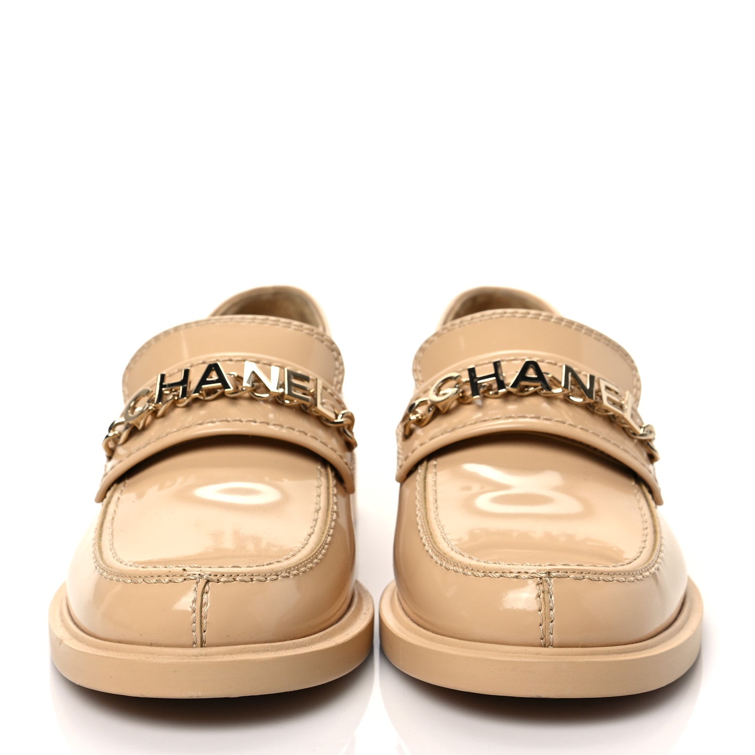 Chanel Shiny Calfskin Bonnie and Clyde Logo Loafers 36.5 Beige 2 of 10