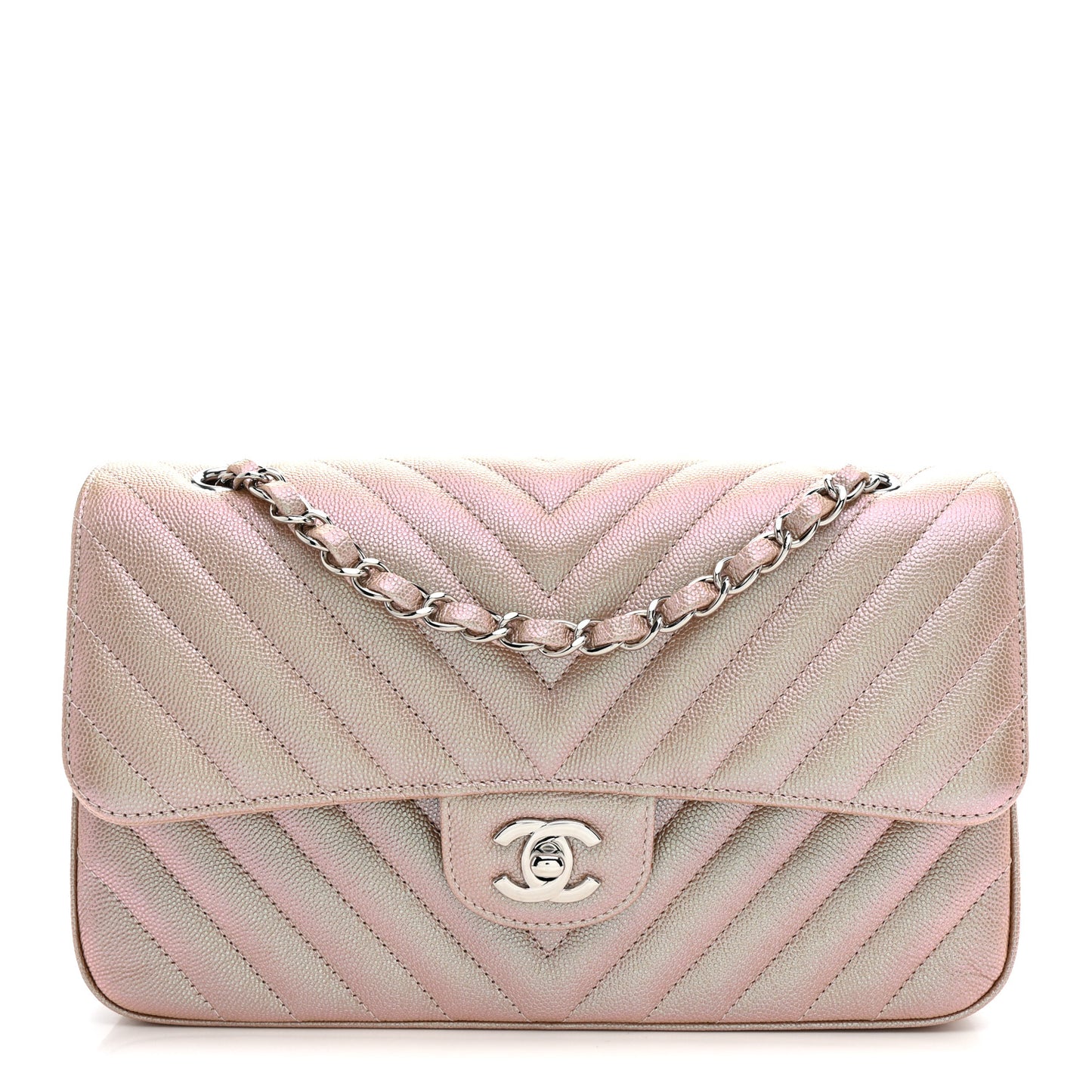 Metallic Caviar Chevron Quilted Medium Double Flap Light Gold