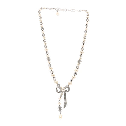Chanel Crystal Pearl Bow CC Necklace Silver 3 of 6
