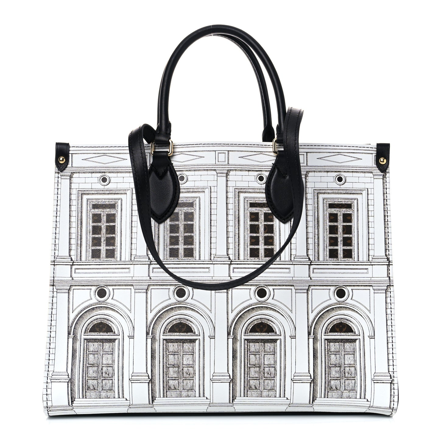X FORNASETTI Calfskin Architettura Onthego MM Black White