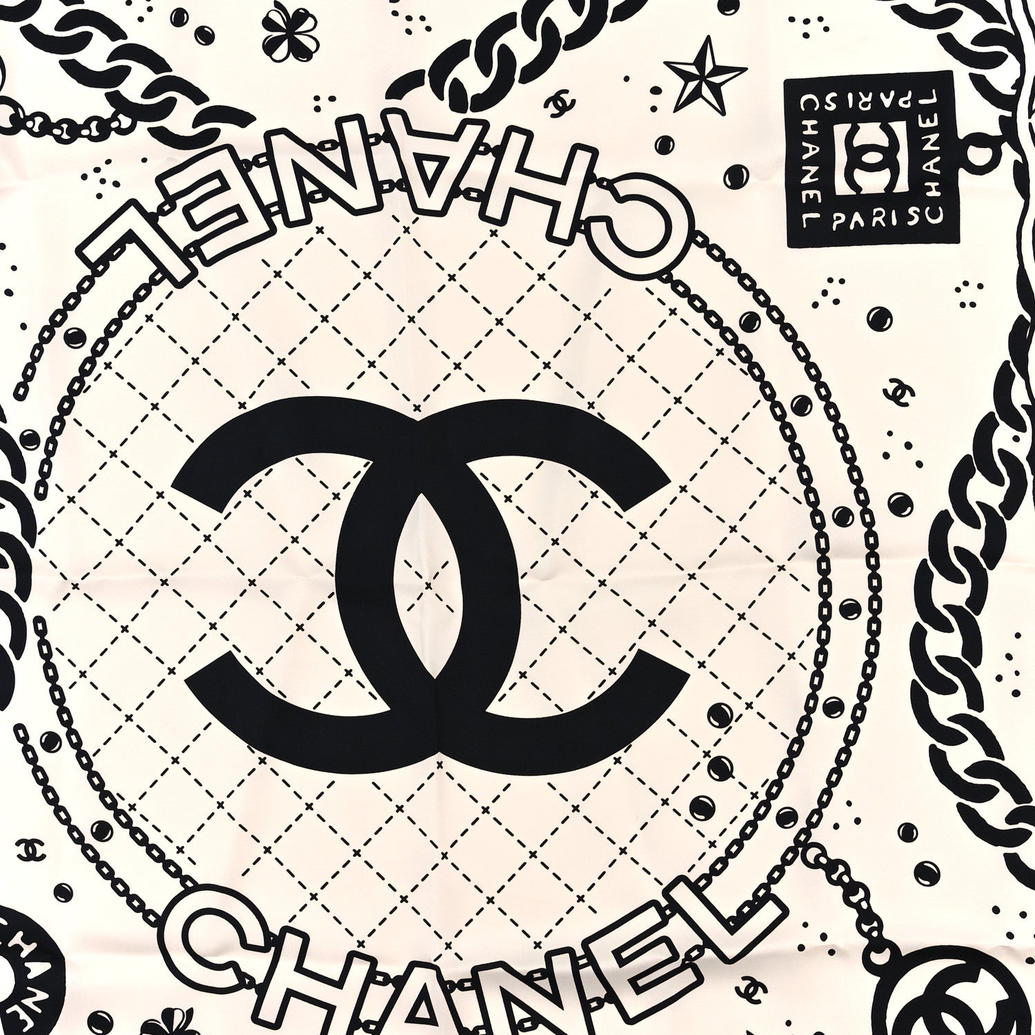 Chanel Silk Twill Square Scarf Hair Tie White Black 2 of 3