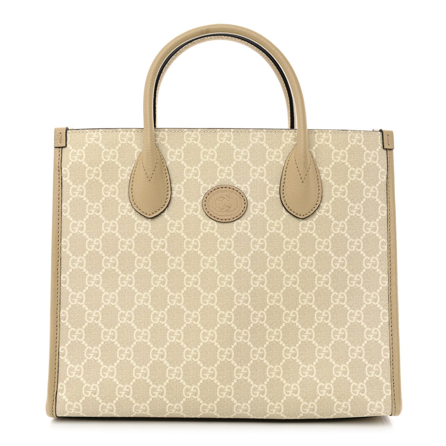 GG Supreme Monogram Textured Dollar Calfskin Small Retro Interlocking G Tote Bag Beige Mystic White Oatmeal