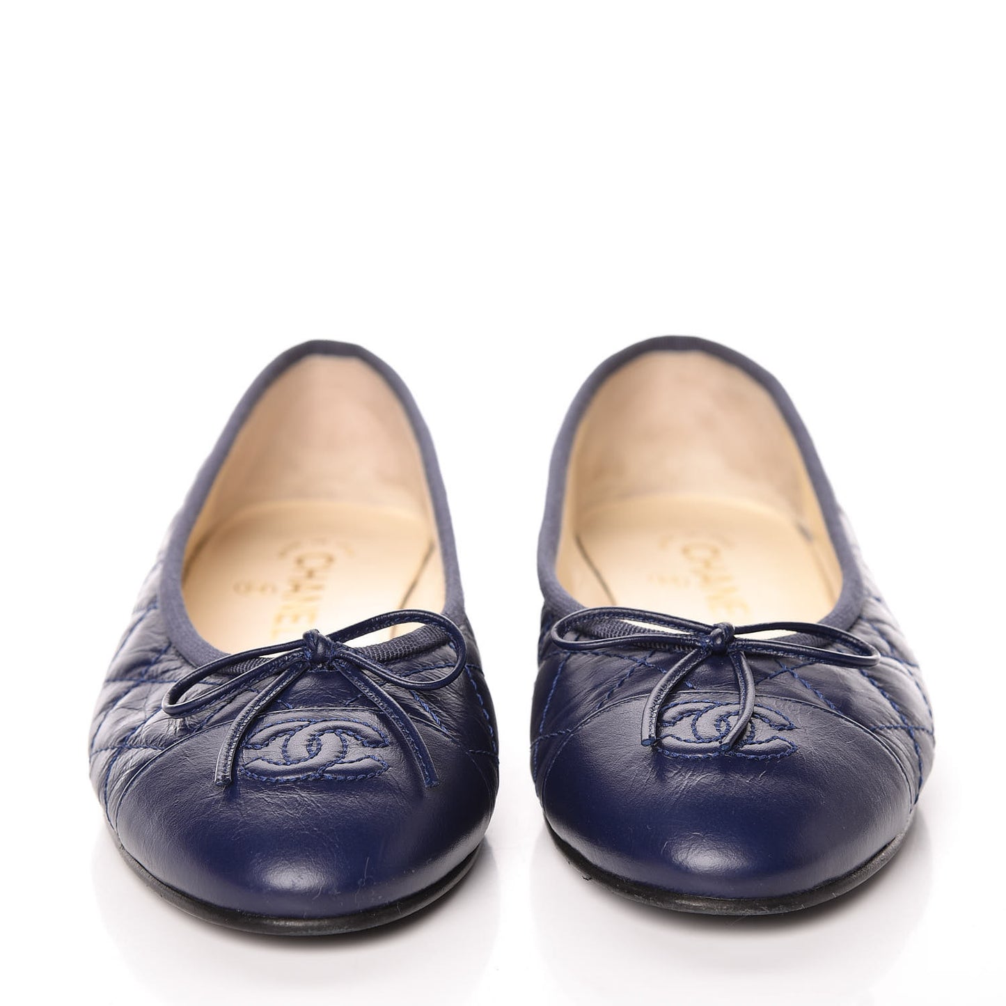 Aged Calfskin Quilted Cap Toe Ballerina Flats 37 Navy
