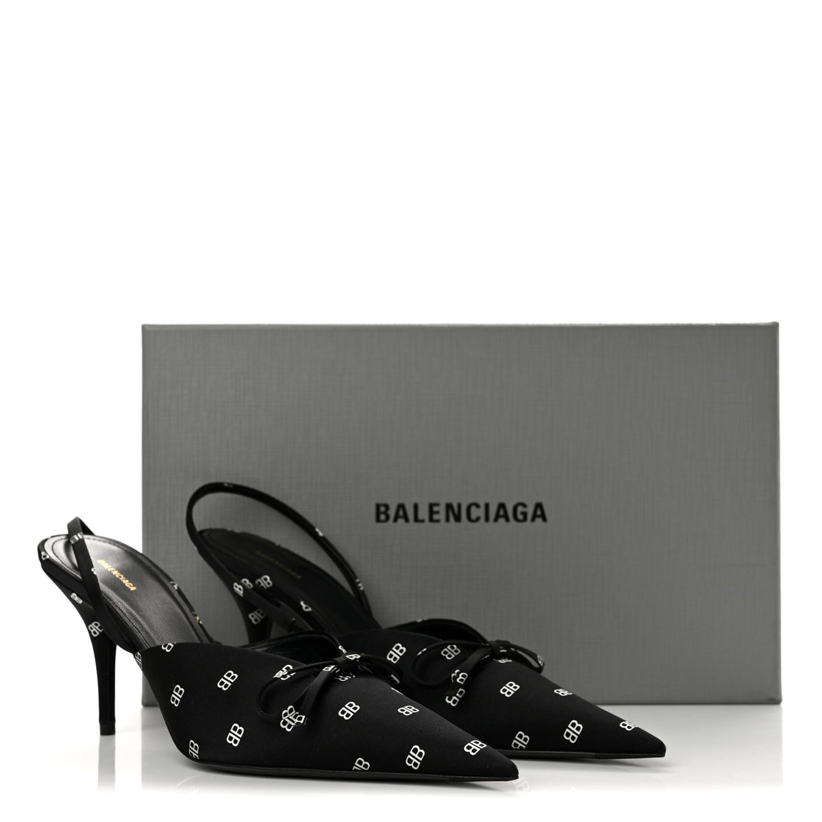 Satin BB Logo Pointed Toe Knife Slingback Mules 38 Black White