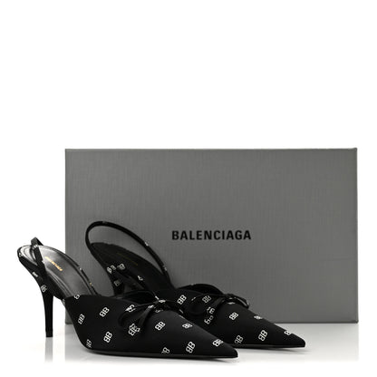 Balenciaga Satin BB Logo Pointed Toe Knife Slingback Mules 38 Black White 11 of 11