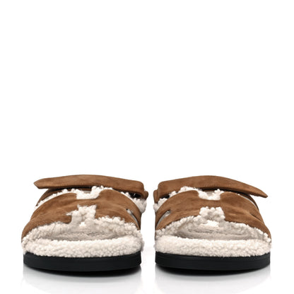 Hermes Suede Goatskin Woolskin Mens Chypre Sandals 41 Brun Fume Ecru 2 of 10