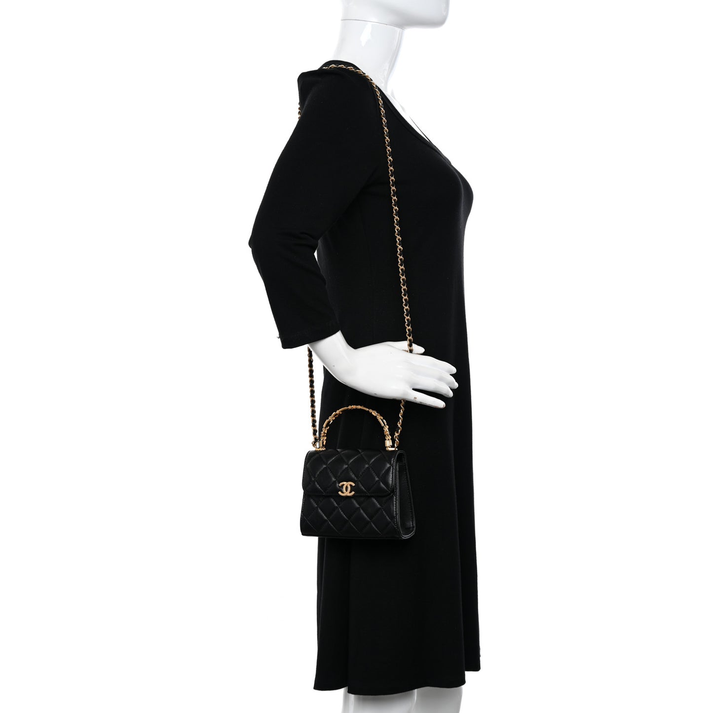 Lambskin Enamel Quilted Top Handle Flap With Chain Black