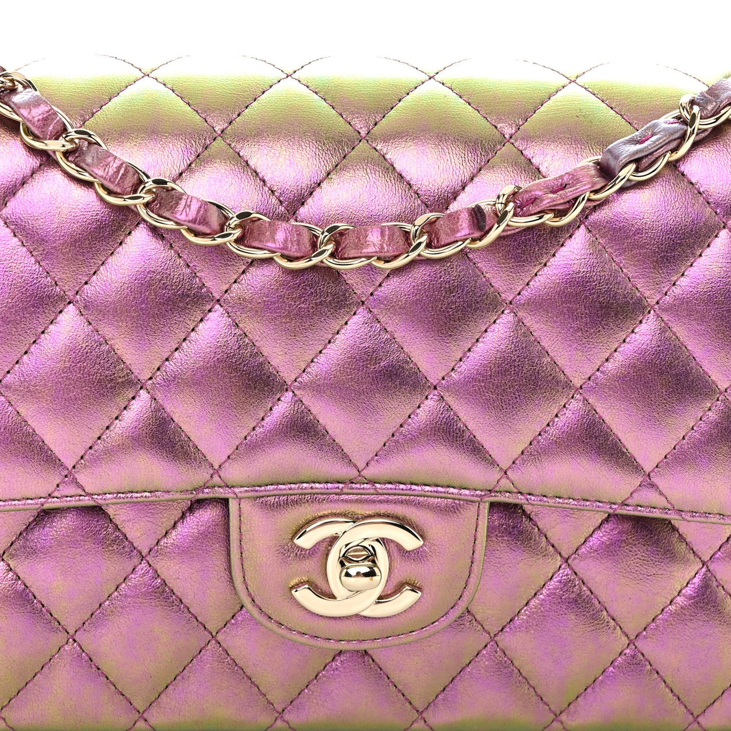Iridescent Lambskin Quilted Medium Double Flap Purple