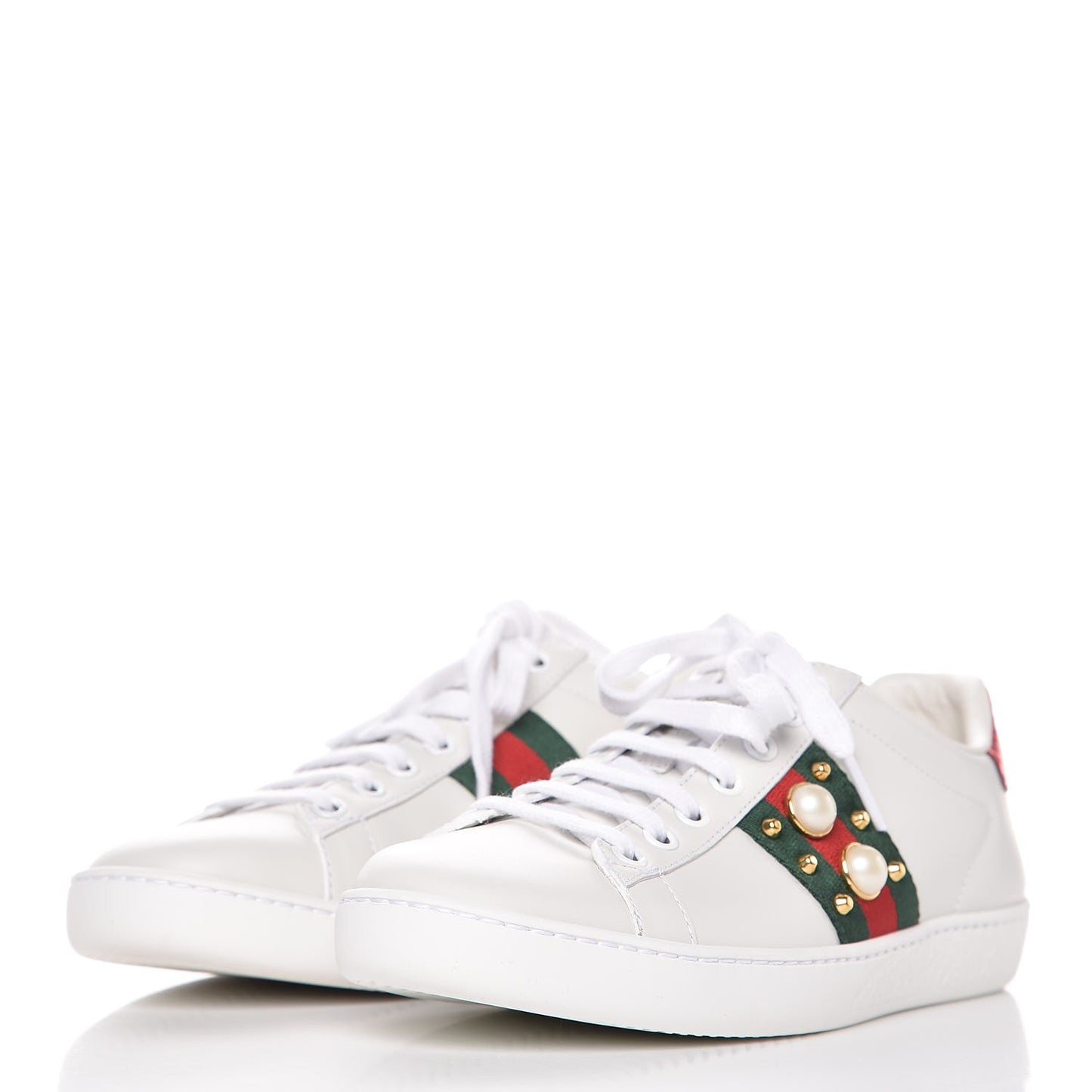 Calfskin Web Pearl Studded Ace Sneakers 36 White
