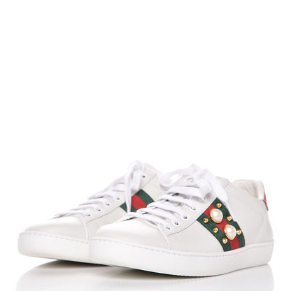 Gucci Calfskin Web Pearl Studded Ace Sneakers 36 White 3 of 9