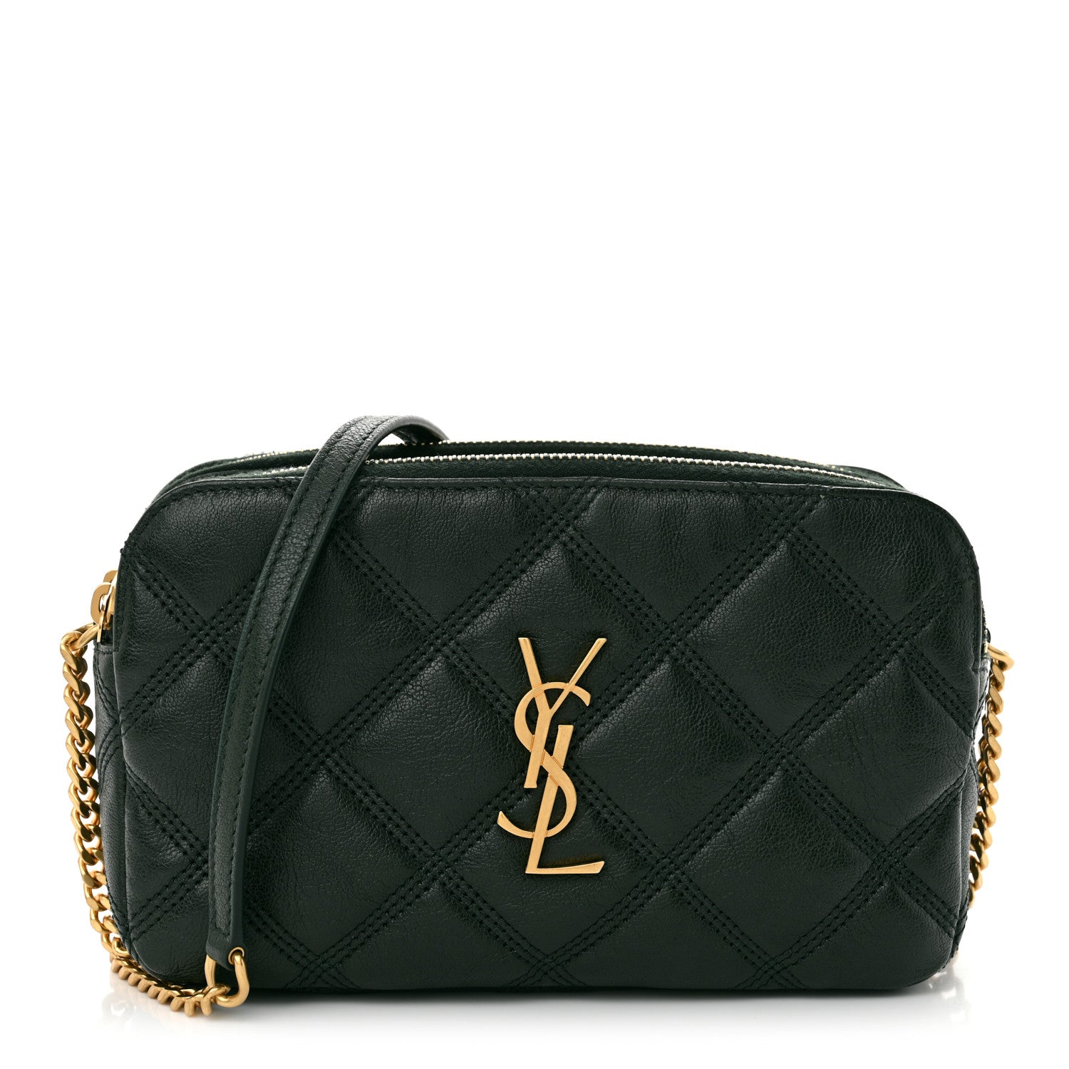 Saint Laurent Grained Lambskin Quilted Mini Becky Double Zip Bag Dark Green 1 of 11