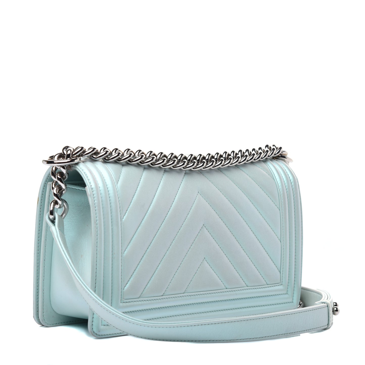 Iridescent Lambskin Chevron Quilted Medium Boy Flap Turquoise