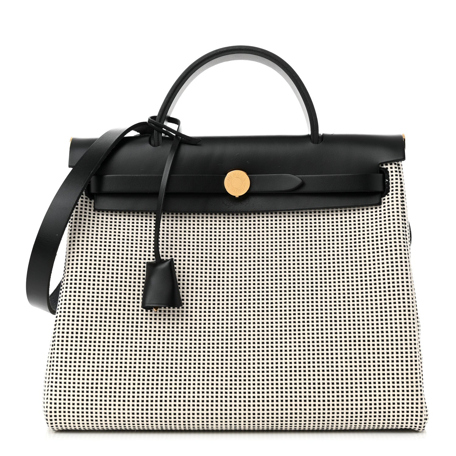 Hermes Vache Hunter Toile Quadrille Viking Herbag Zip Retourne 31 PM Ecru Black 1 of 11