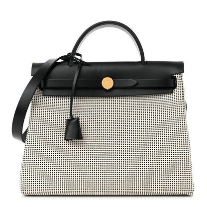 Hermes Vache Hunter Toile Quadrille Viking Herbag Zip Retourne 31 PM Ecru Black 1 of 11