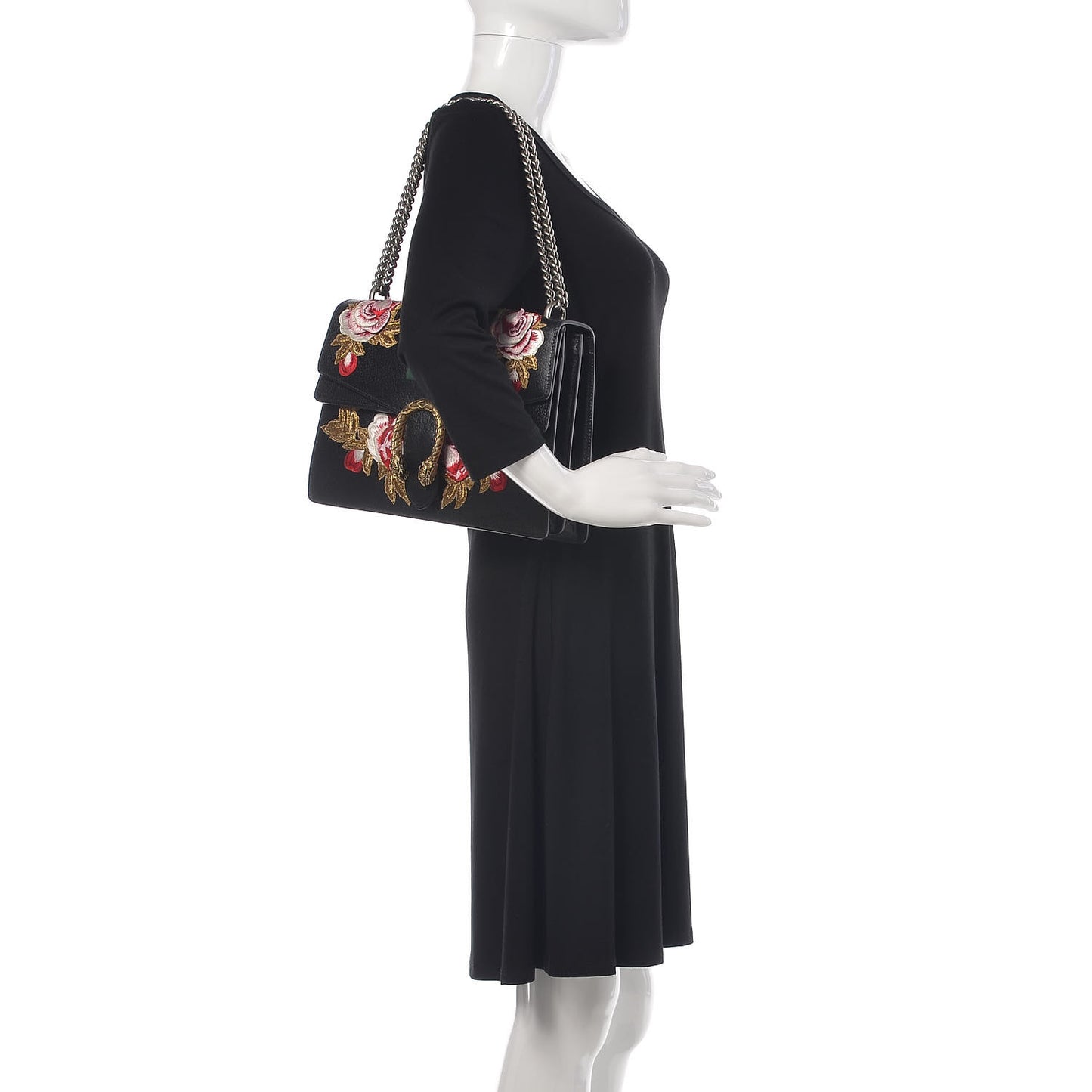 Calfskin Web Floral Embroidered Medium Dionysus Shoulder Bag Black