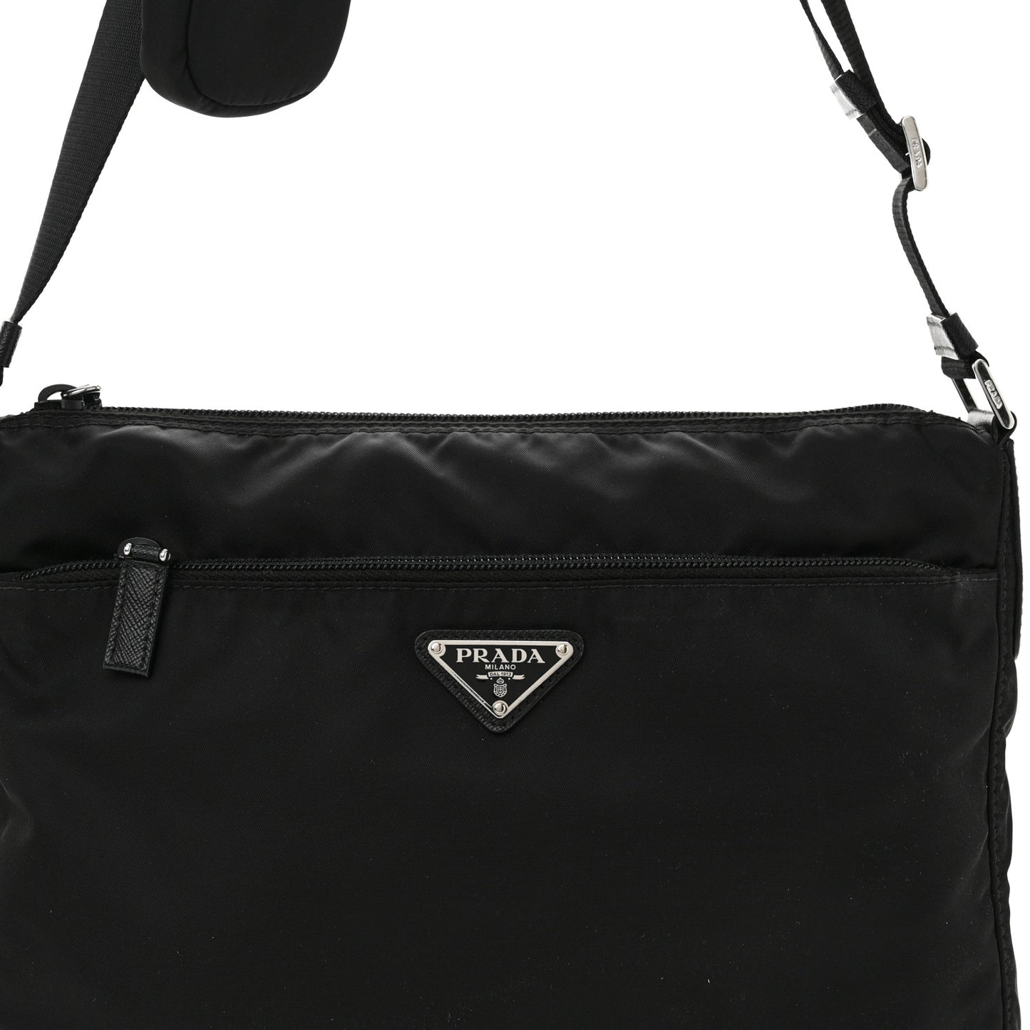 Re-Nylon Vela Saffiano Pocket Double Zip Messenger Bag Black