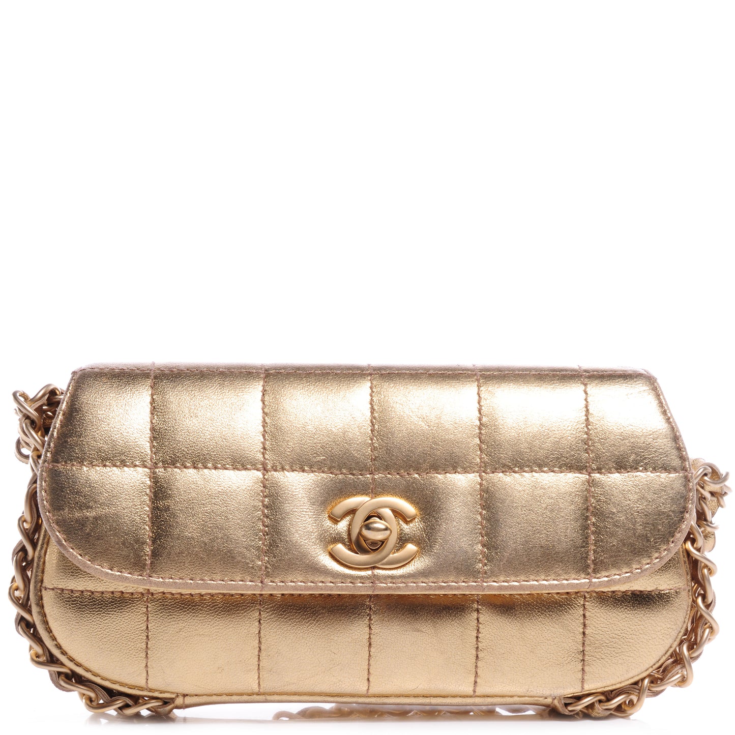 Lambskin Quilted Chocolate Bar 3 Chain Flap Gold