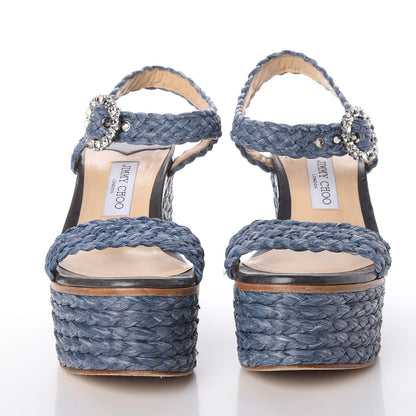 Jimmy Choo Woven Raffia Crystal Buckle Nylah 100 Platform Wedges 39 Dusk Blue 2 of 20