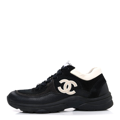 Chanel Mesh Suede Grained Calfskin Womens CC Sneakers 37.5 Black White 1 of 10