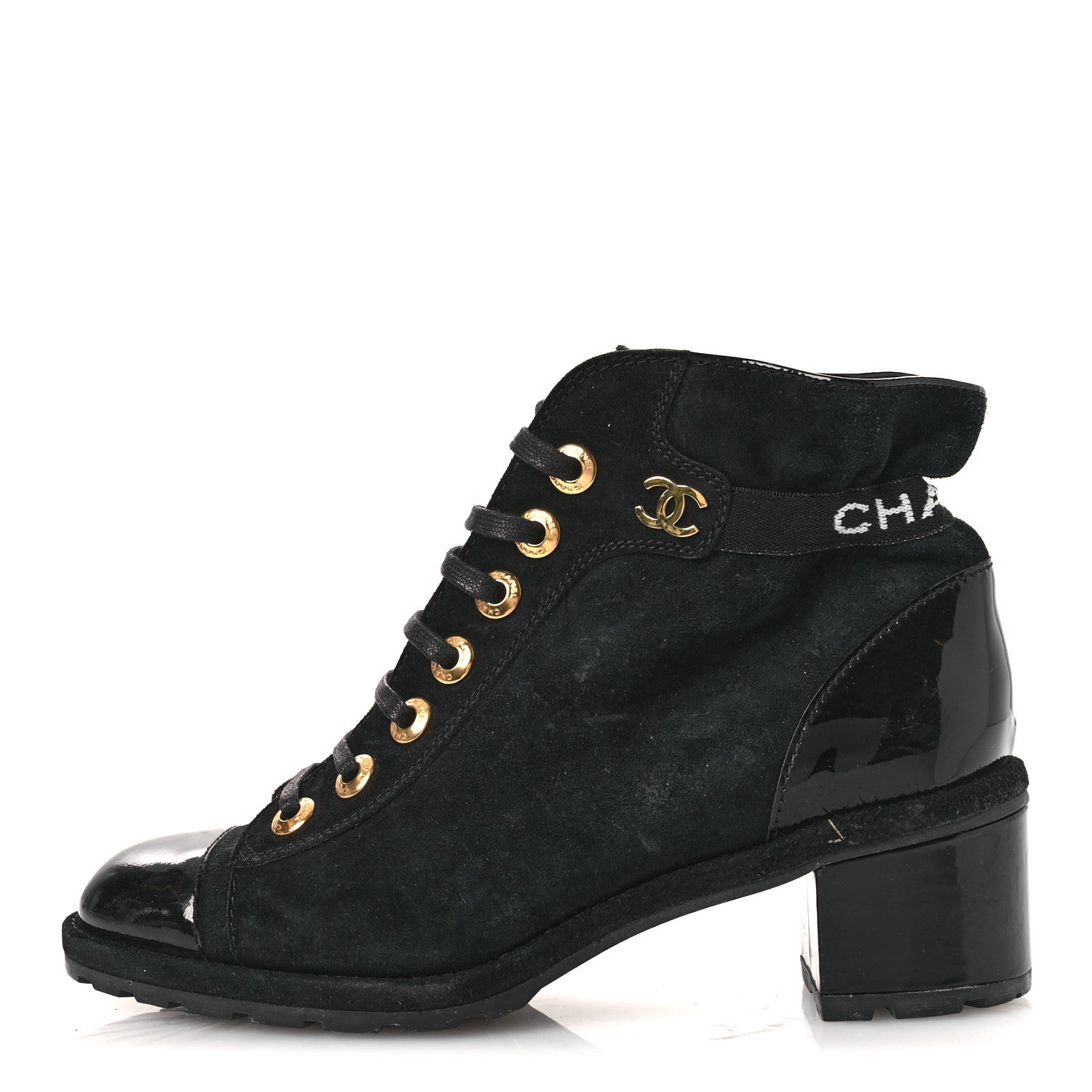 Chanel Suede Patent Cap Toe CC Ankle Boots 40.5 Black 1 of 13