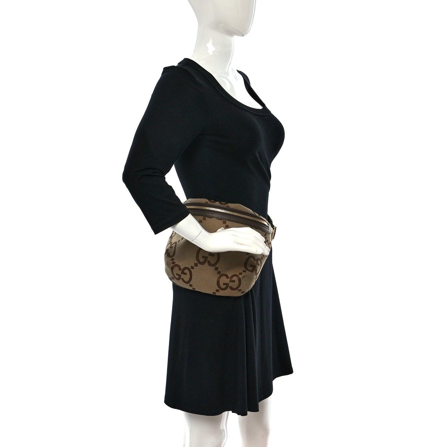 Monogram Jumbo GG Textured Dollar Calfskin Web Belt Bag Camel Ebony New Acero