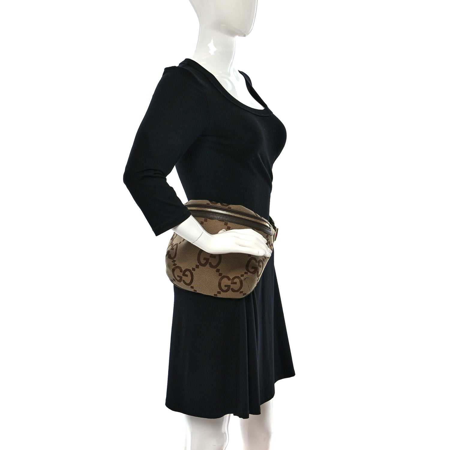 Gucci Monogram Jumbo GG Textured Dollar Calfskin Web Belt Bag Camel Ebony New Acero 2 of 8