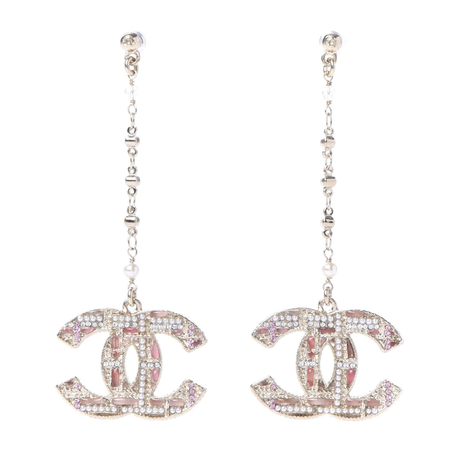 Pearl Crystal CC Tweed Drop Earrings Gold Pink Pearly White