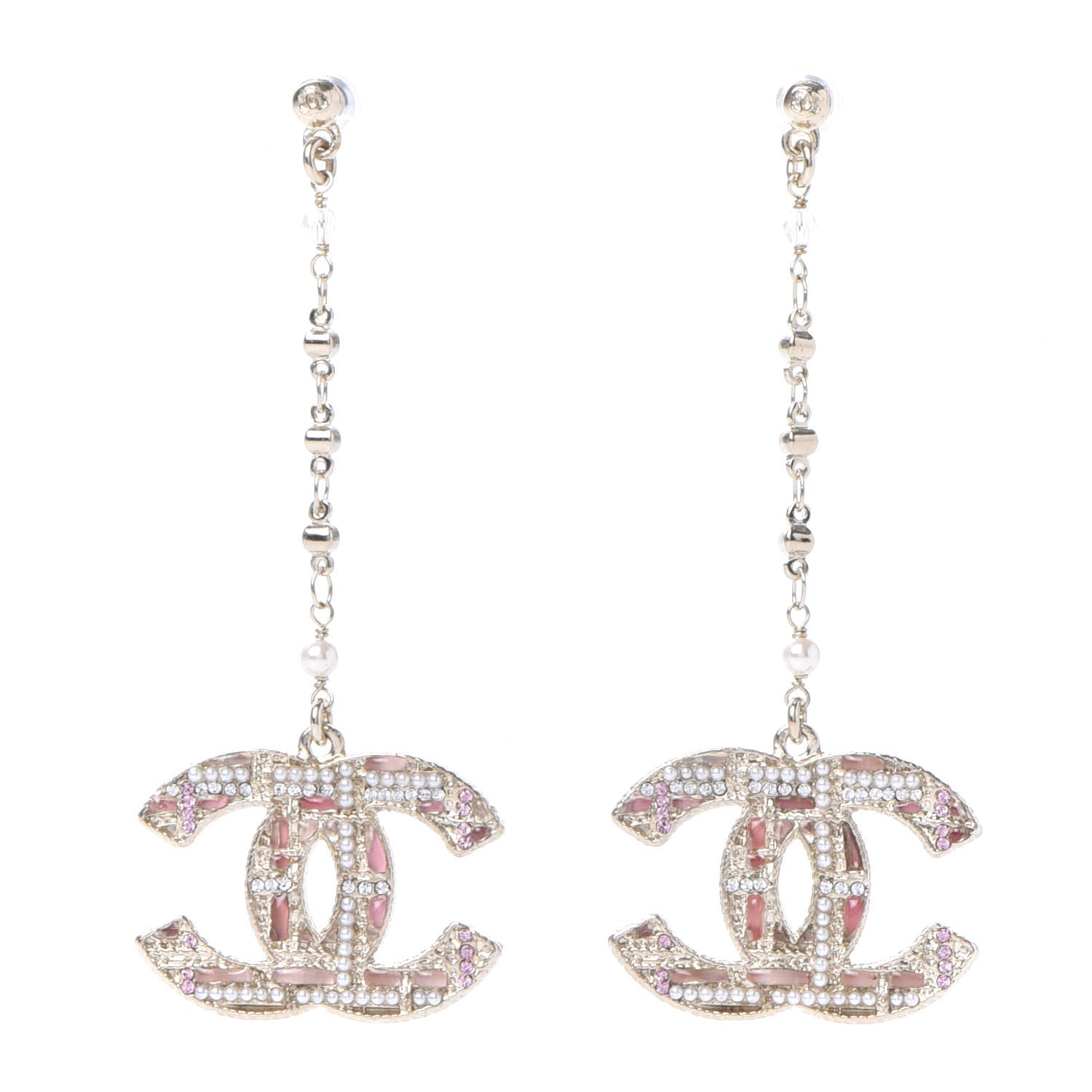 Chanel Pearl Crystal CC Tweed Drop Earrings Gold Pink Pearly White 1 of 4