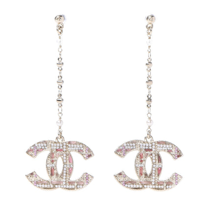 Chanel Pearl Crystal CC Tweed Drop Earrings Gold Pink Pearly White 1 of 4
