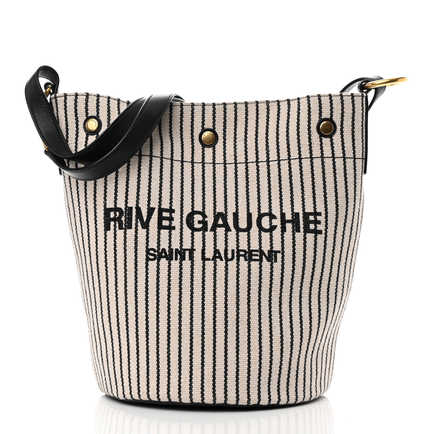 Saint Laurent Linen Calfskin Striped Rive Gauche Bucket Bag Grey Cream Black 3 of 15